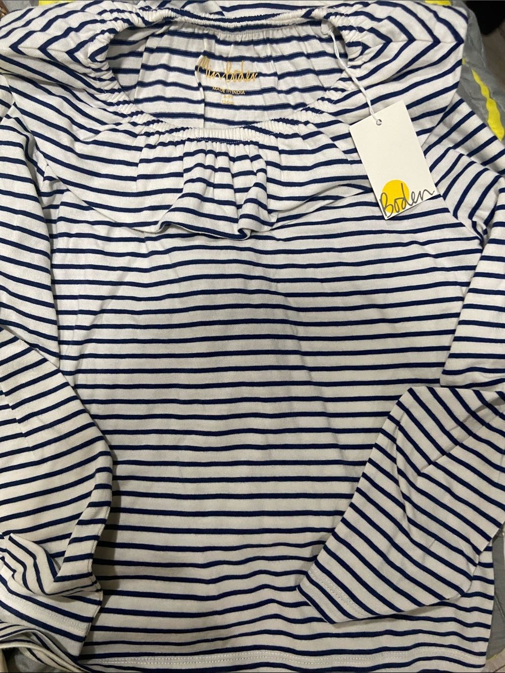 Boden White and Navy Stripe Ruffle-Neck Long Sleeve Top